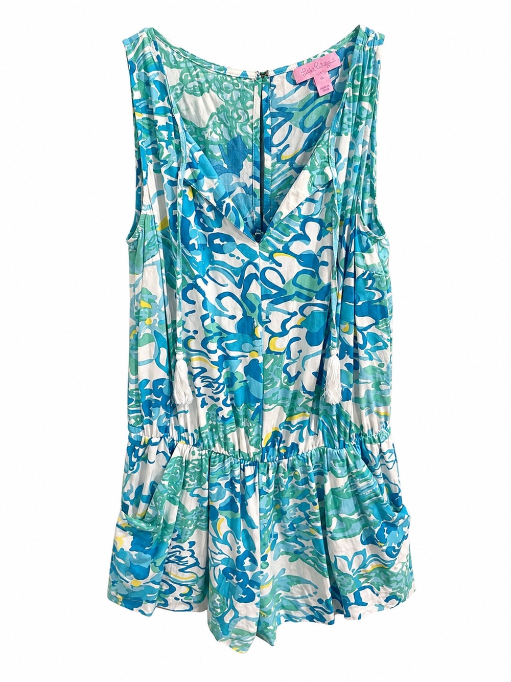 Lilly Pulitzer Blue & Green Sleeveless Tassel Romper XS